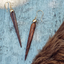Load image into Gallery viewer, Brass wood spike sphere earrings