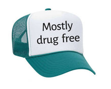Load image into Gallery viewer, Mostly Drug Free Trucker Hat: Hunter Green/White