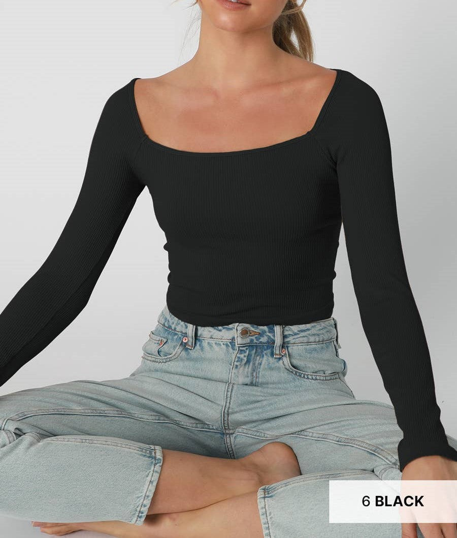 Ribbed LS Square Neck Top