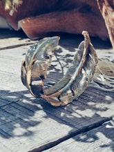 Load image into Gallery viewer, Brass feather bangle cuff bracelet