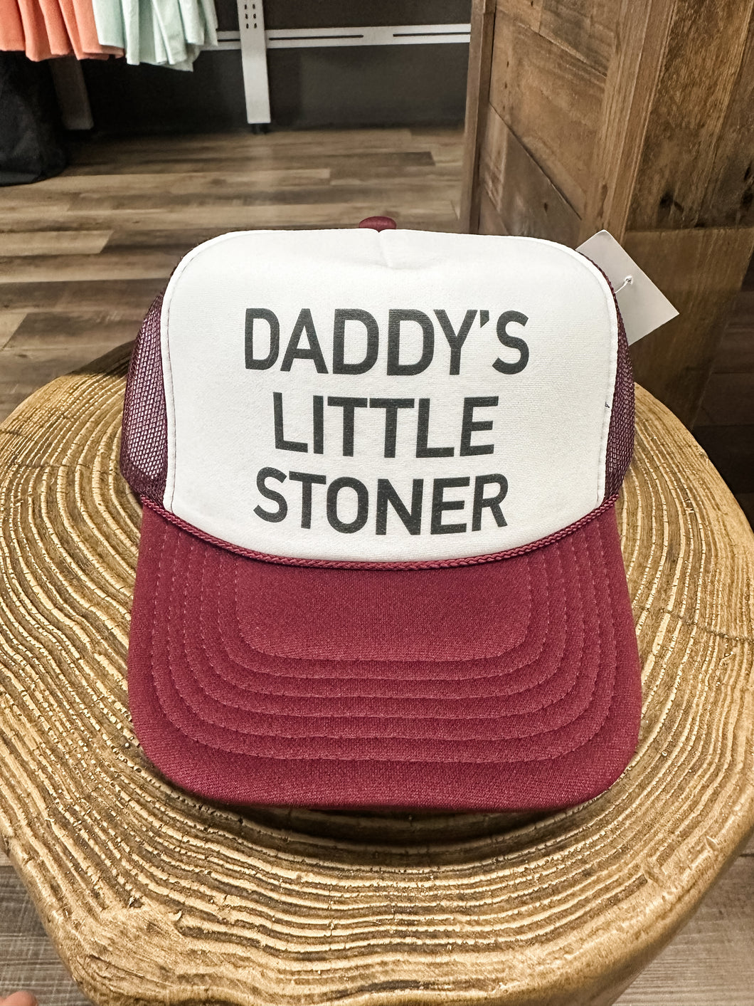 Daddy's Little Stoner Trucker Hat: Maroon/White