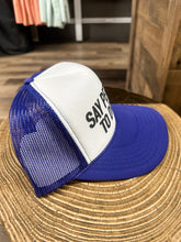 Load image into Gallery viewer, Say Perhaps to Drugs Trucker Hat: Purple/White