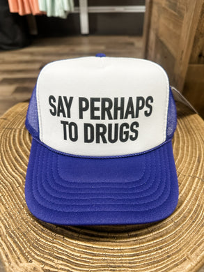 Say Perhaps to Drugs Trucker Hat: Purple/White
