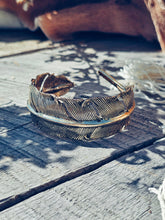 Load image into Gallery viewer, Brass feather bangle cuff bracelet