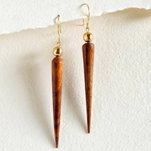 Load image into Gallery viewer, Brass wood spike sphere earrings