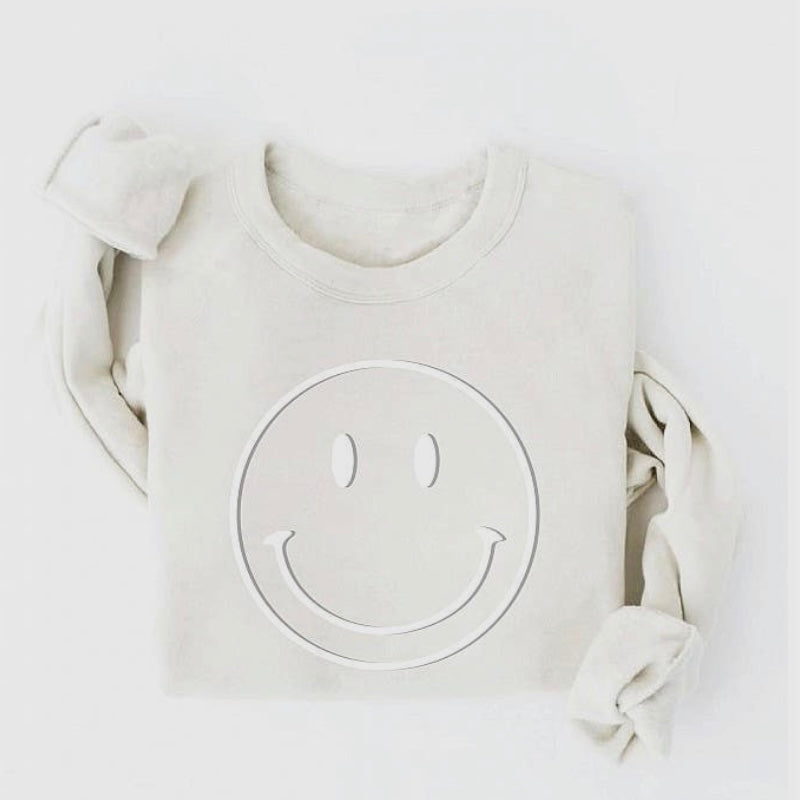 SMILEY FACE Tonal Puff Print Graphic Sweatshirt