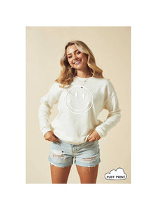 SMILEY FACE Tonal Puff Print Graphic Sweatshirt